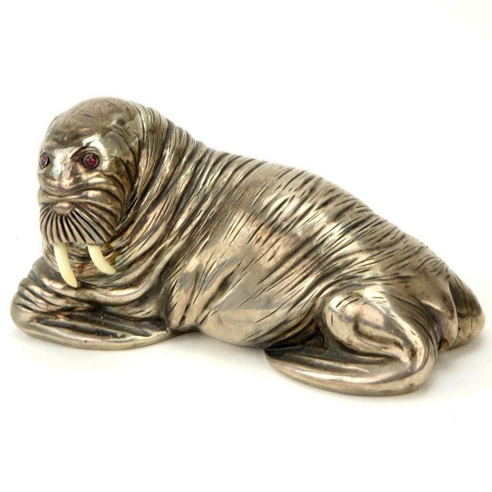 20th Century Russian 88 Silver Figural Walrus with Ruby Eyes.