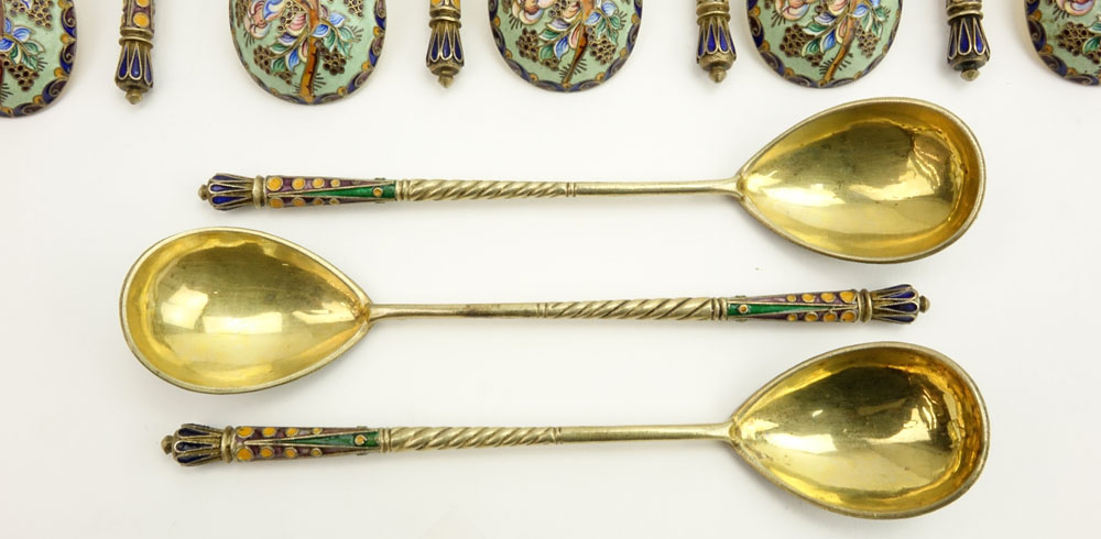 Twelve (12) Early 20th Century Russian 84 Gilt Silver and Cloisonne Enamel Spoons