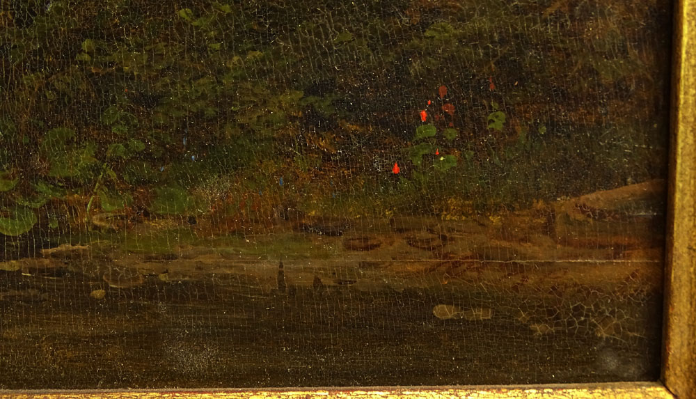 Johann Bernard (Bernhard) Klombeck Belgian (1815-1893) Oil on Wood Panel "Landscape with Figures Walking Near a River at Dusk" Circa 1867. 