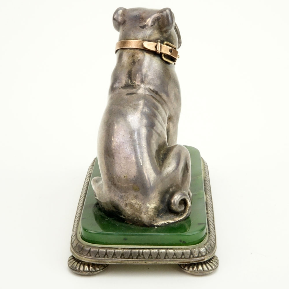 20th Century Russian 88 Silver Dog Figure on Nephrite Jade Base and with 56 Gold (14k) Collar