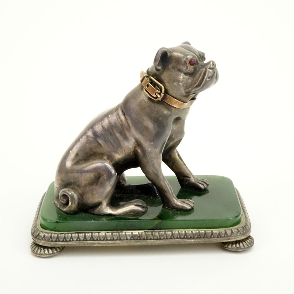 20th Century Russian 88 Silver Dog Figure on Nephrite Jade Base and with 56 Gold (14k) Collar