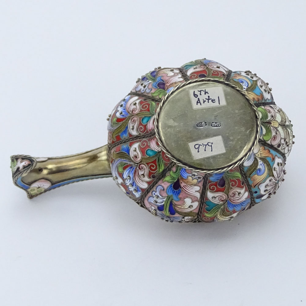 20th Century Russian 88 Silver and Cloisonne Enamel Kovsh