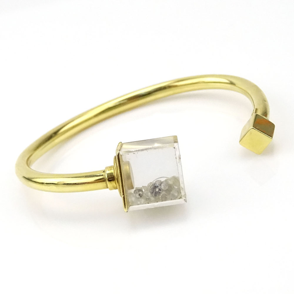 Vintage 18 Karat Yellow Gold Bangle Bracelet with Small Lucite Cube End filled with Small Round Cut Diamonds