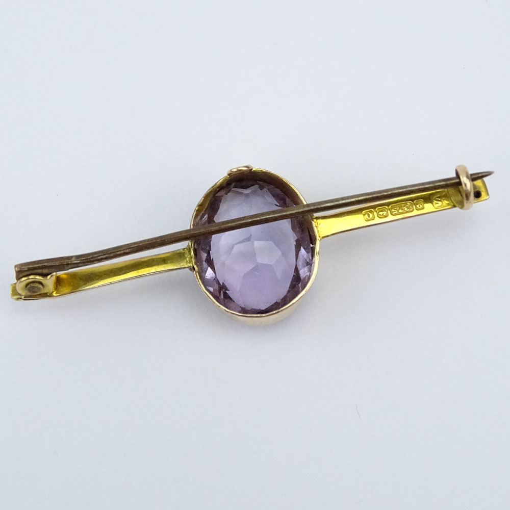 Antique English Oval Brilliant Cut Amethyst and 9 Carat Yellow Gold Bar Pendant/Brooch