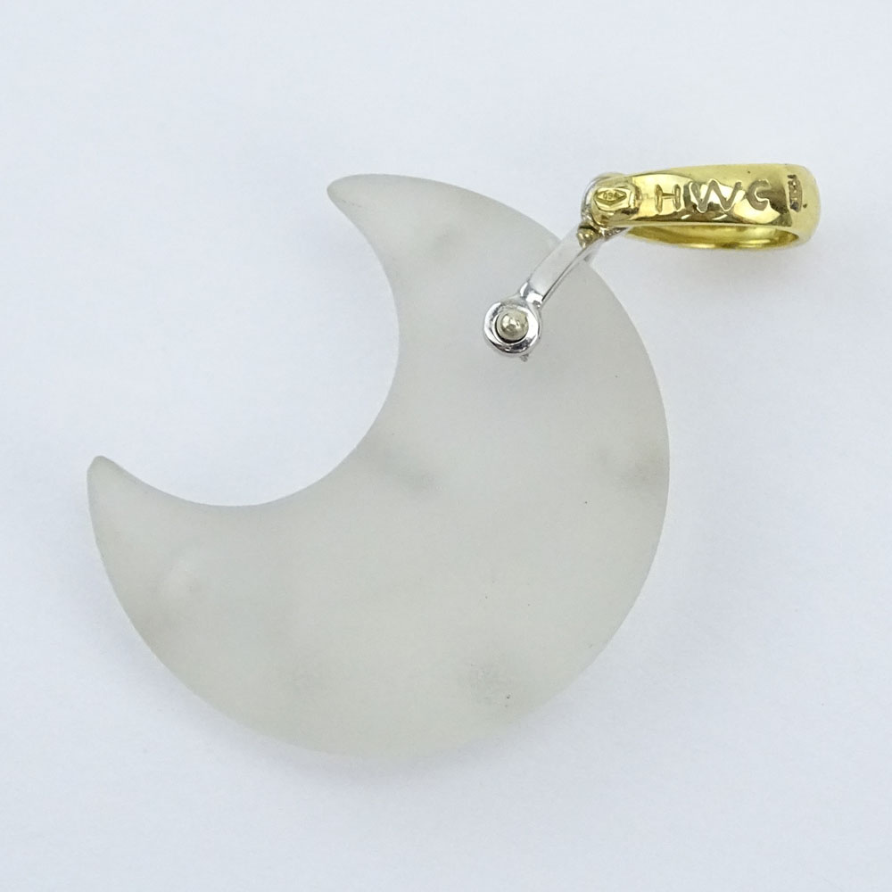 Vintage Rock Crystal Crescent Moon and 18 Karat Yellow Gold Pendant with Small Diamond Accent