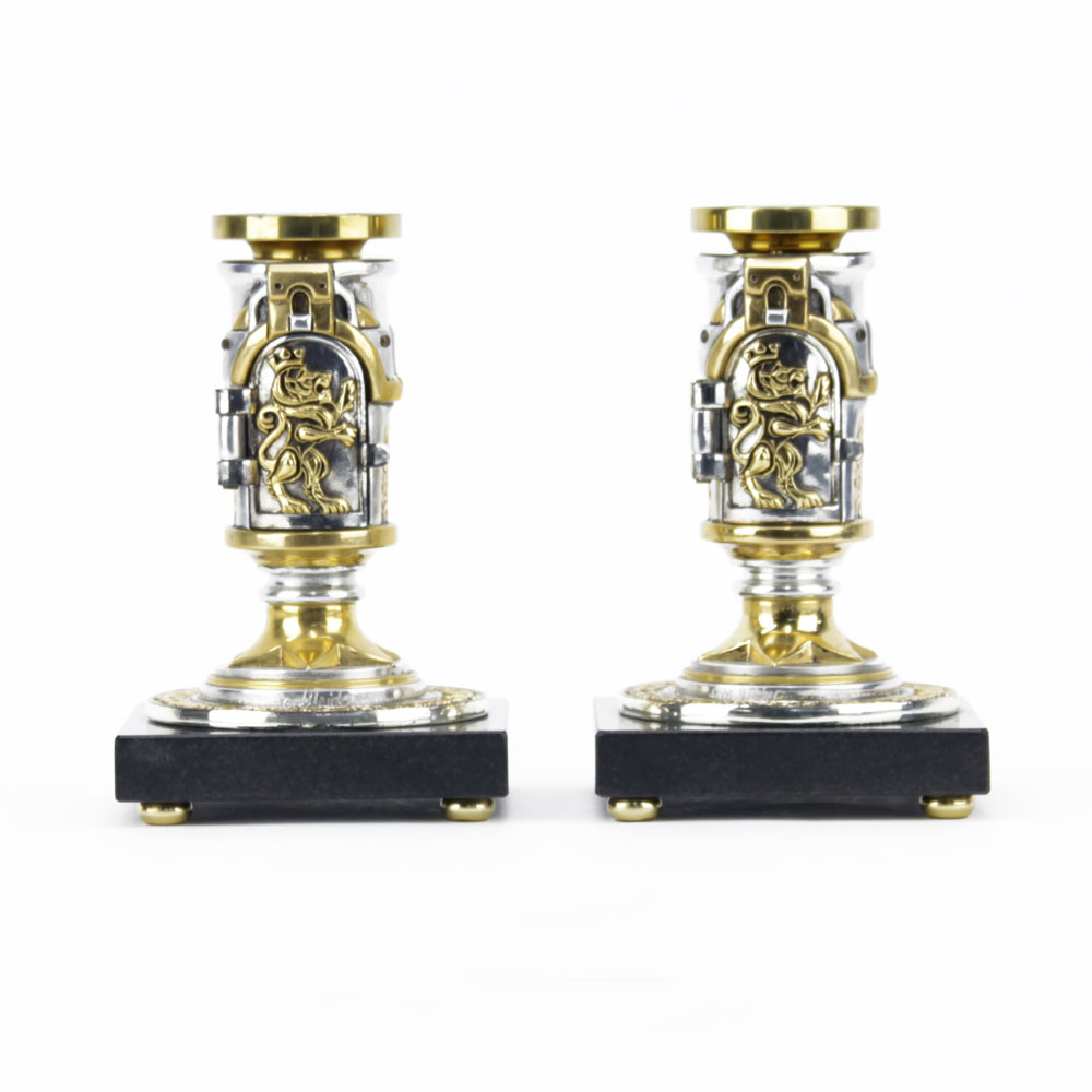 Pair of Frank Meisler Sterling and Gold Plated Shabbat Candlesticks on Marble Base