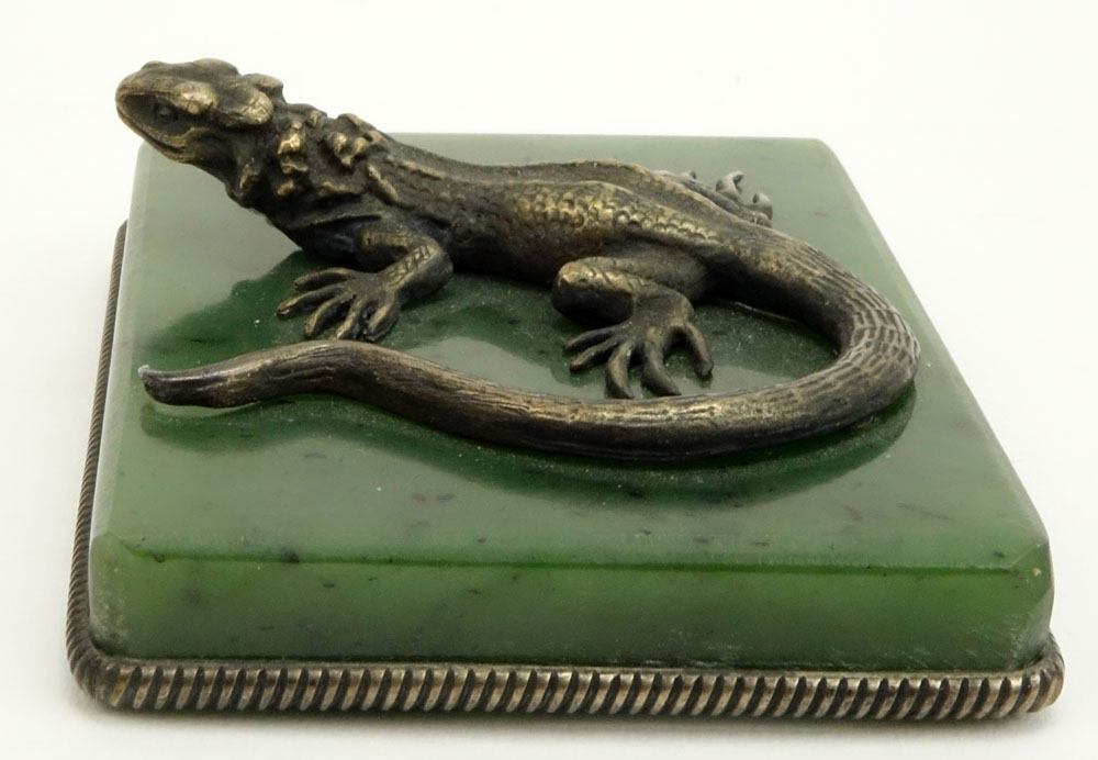 20th Century Russian 88 Silver Lizard Figure on Nephrite Jade Base.