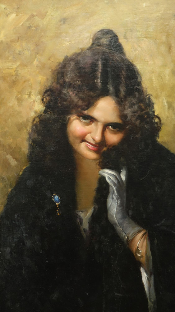 Attributed to: Federico Zandomeneghi, Italian  (1841 - 1917) Oil on canvas "Portrait Of A Young Beauty" 