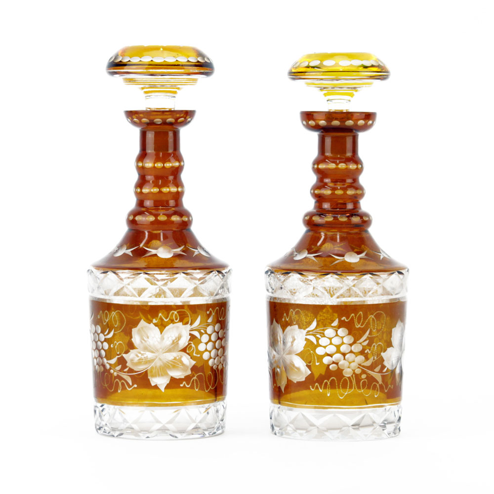 Pair of Vintage Bohemian Amber to Clear Decanters