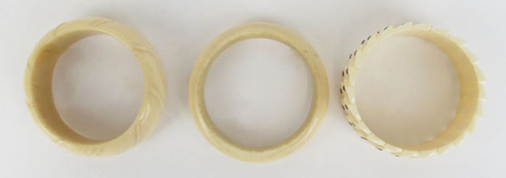 Three (3) Vintage Ivory Bangles, Two (2) Carved and One (1) with Inset with Silver Dots