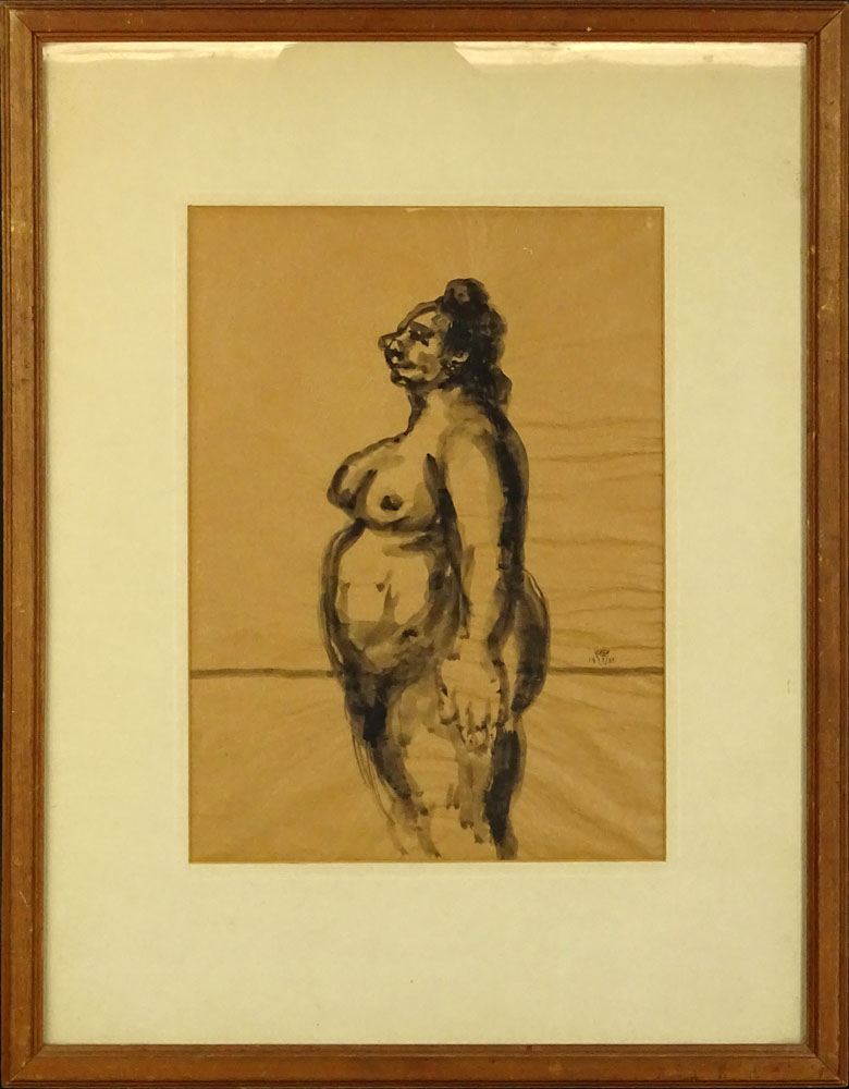 Benjamin D. Kopman (Russian American 1887-1965) Nude figure, Ink Wash Drawing on tan Onion Paper