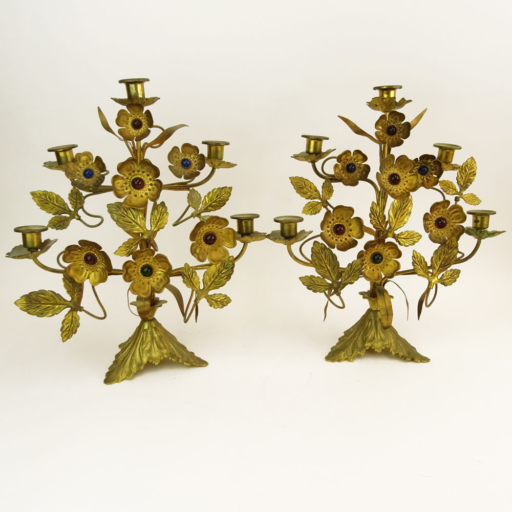 Pair of Antique French Jeweled Bronze/Brass Candelabra.