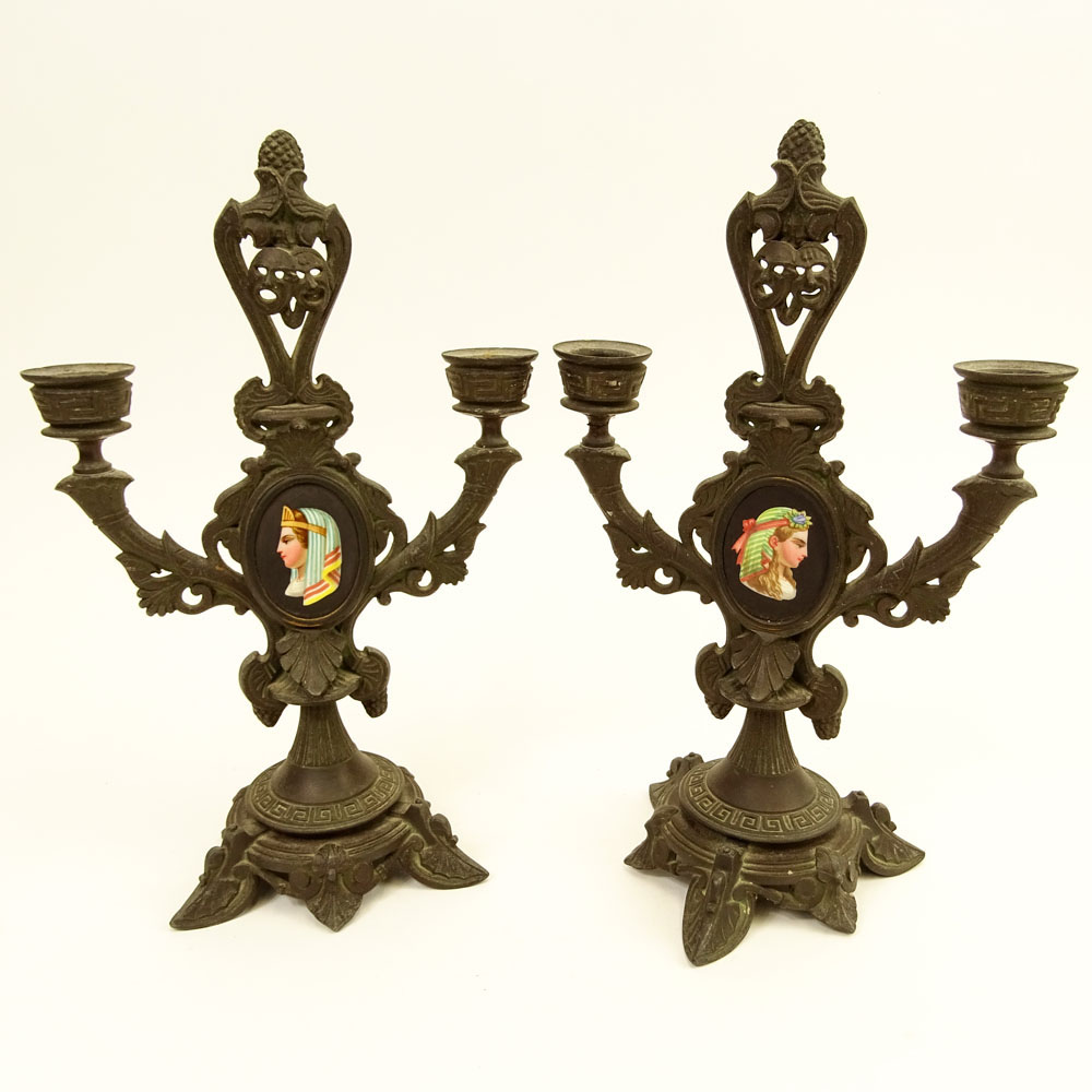 Pair of Old Paris French Metal Candlesticks. Each with 2 lights and inset hand painted plaques.