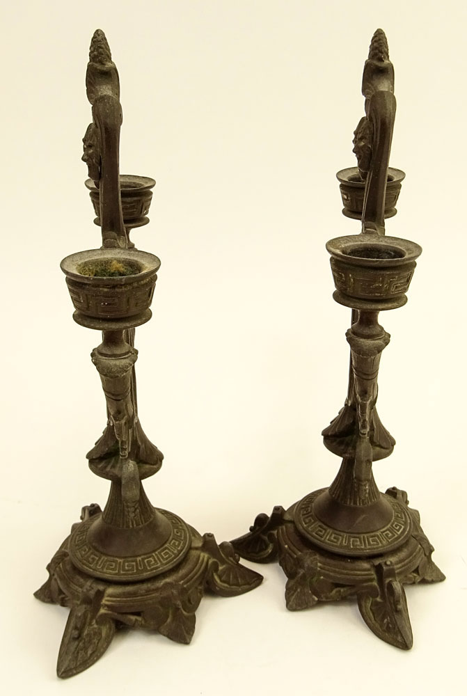 Pair of Old Paris French Metal Candlesticks. Each with 2 lights and inset hand painted plaques.