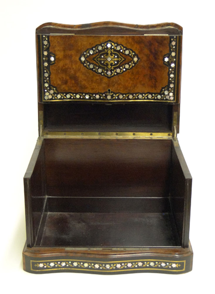 19th Century Burlwood Tantalus Box with Mother of Pearl and Brass Inlay.