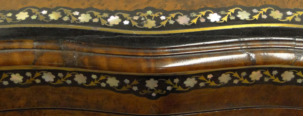 19th Century Burlwood Tantalus Box with Mother of Pearl and Brass Inlay.