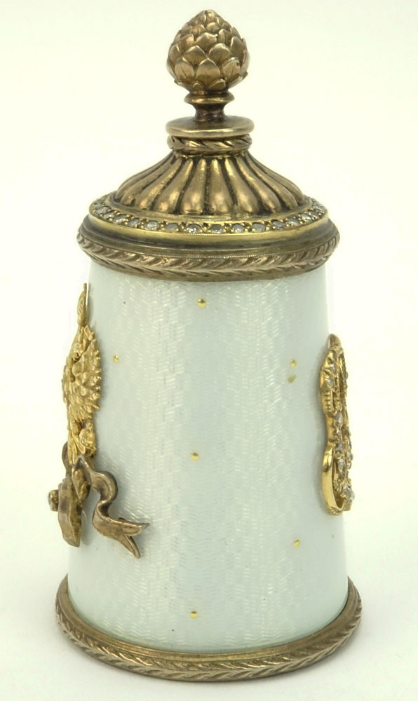 Early 20th Century Russian 88 Gilt Silver, Guilloche Enamel and Rose Cut Diamond Glue Pot. 