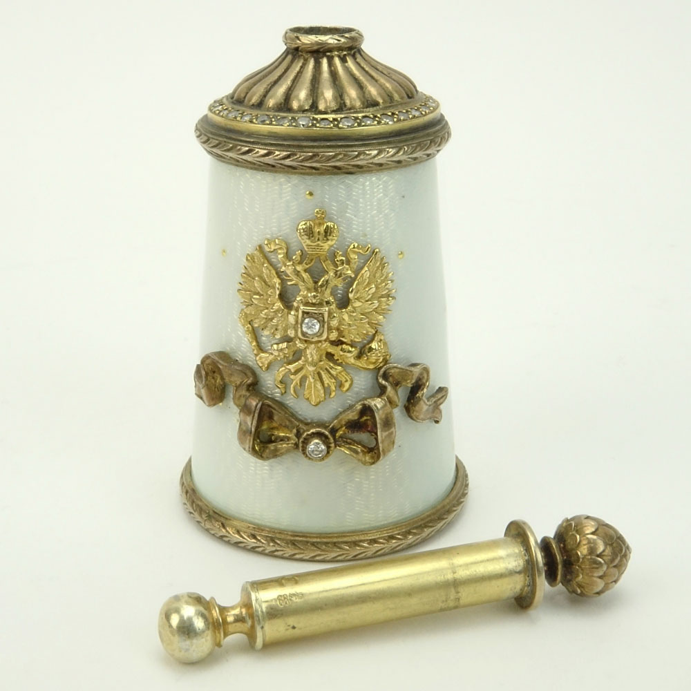 Early 20th Century Russian 88 Gilt Silver, Guilloche Enamel and Rose Cut Diamond Glue Pot. 