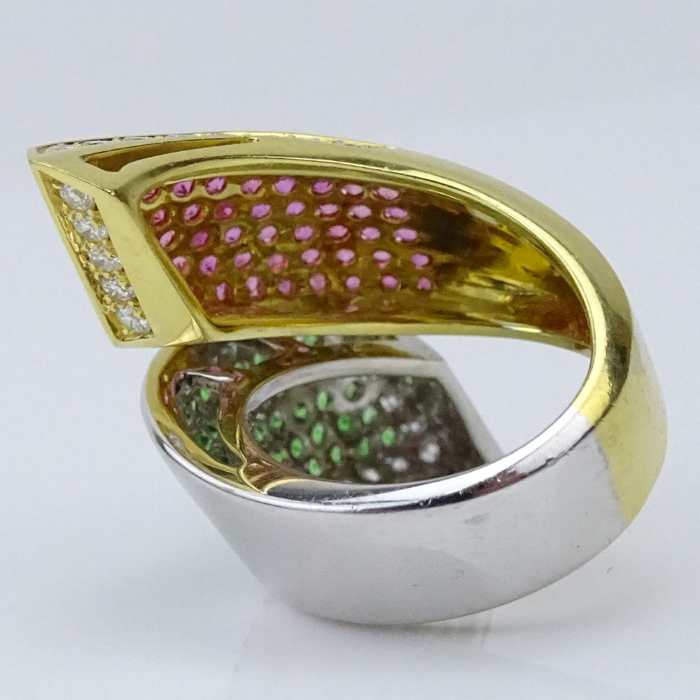 Modern Design Approx. 1.50 Carat Pave Set Diamond, Pink Sapphire, Tsavorite Garnet and 18 Karat Gold Cross Over Ring. 