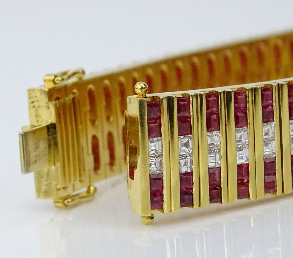 Retro 1940's High Quality Approx. 10.0 Carat Invisible Set Square Mirror Square Cut Ruby and 5.0 Carat Diamond and 18 Karat Yellow Gold Flexible Link Bracelet.