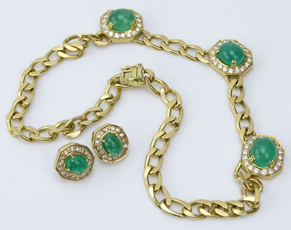 Vintage Bulgari style Cabochon Emerald, Round Brilliant Cut Diamond and 18 Karat Yellow Gold Necklace and Earring Suite. 