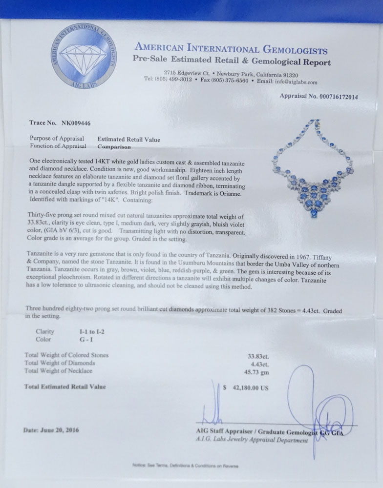AIG Certified 33.83 Carat Mixed Cut Tanzanite, 4.43 Carat Round Brilliant Cut Diamond and 14 Karat White Gold Necklace.