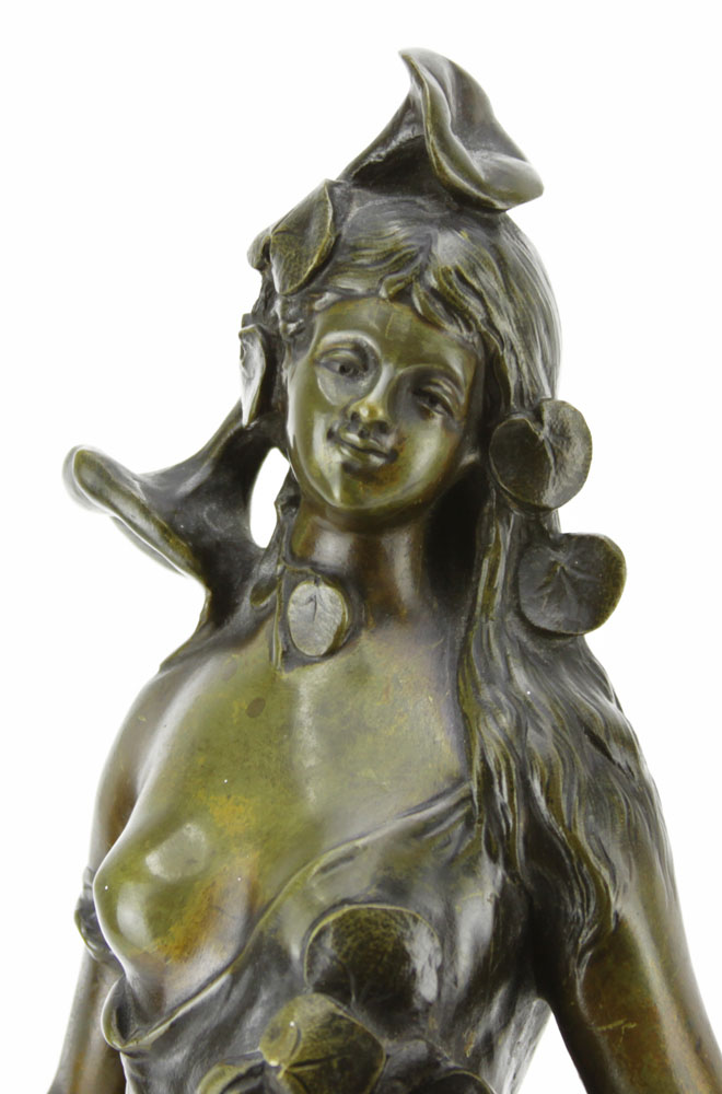 Pierre-Etienne Daniel Campagne (French, 1851-1910) 19th Century French Art Nouveau Nude/Nature Goddess Bronze Sculpture on Marble Base.
