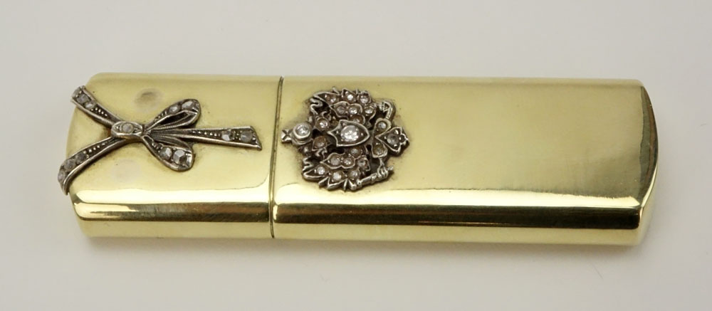 Early 20th Century Russian 56 Gold Cigarette Lighter with Small Rose Cut Diamond Accents in fitted box signed Faberge.
