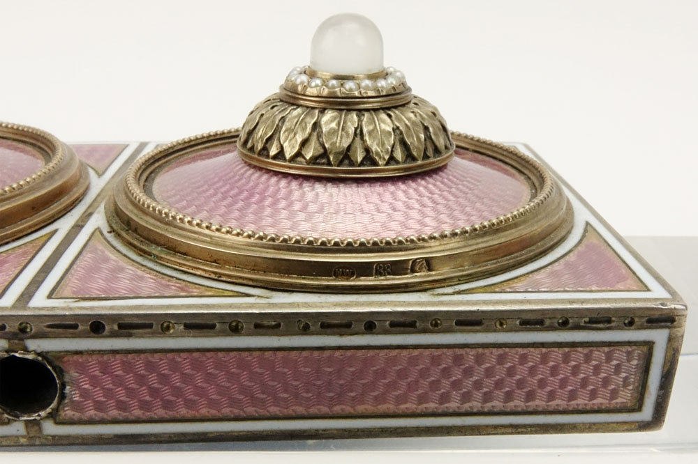 Early 20th Century Russian 88 Silver and Guilloche Enamel Desk Top Push Button with Moonstones.
