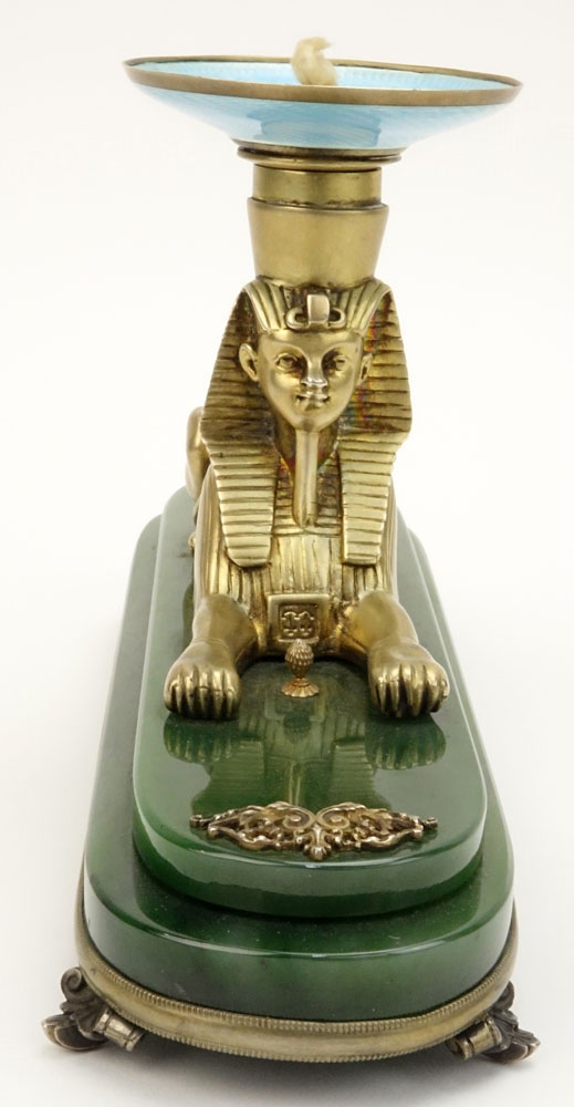 20th Century Russian Egyptian Revival Nephrite Jade, 88 Silver and Guilloche Enamel Figural Sphinx Desk Lighter. 