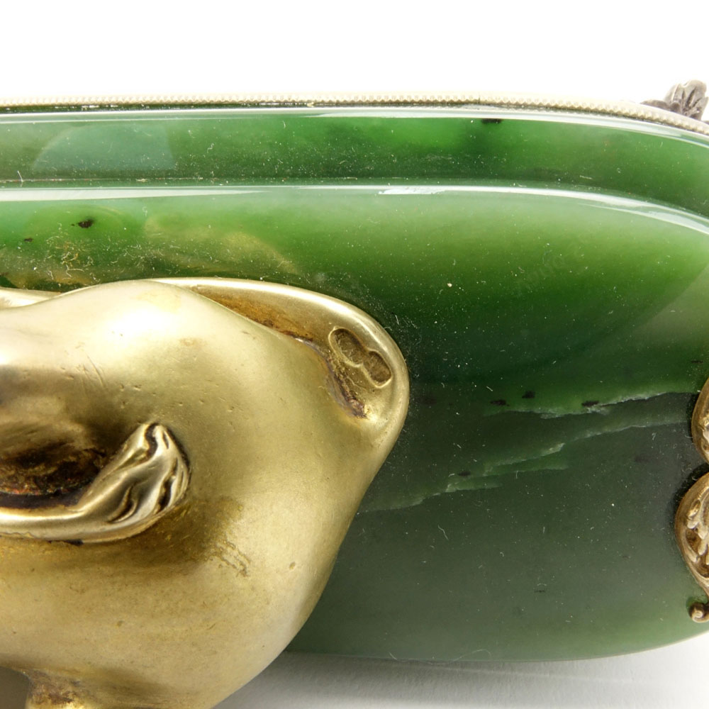 20th Century Russian Egyptian Revival Nephrite Jade, 88 Silver and Guilloche Enamel Figural Sphinx Desk Lighter. 