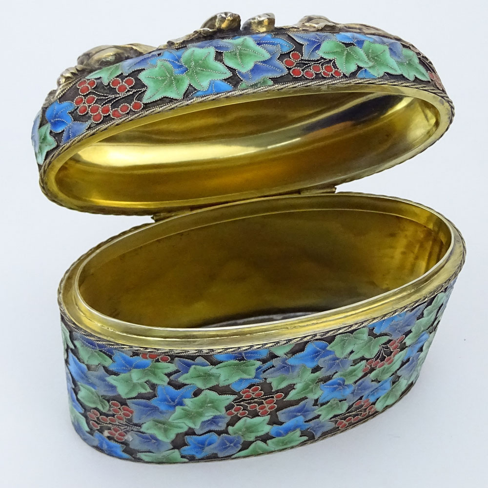 20th Century Russian Cloisonne Enamel and 88 Silver Box with Relief Cat Design to Hinged Top. Stamped MT and 88 Kokoshnik.