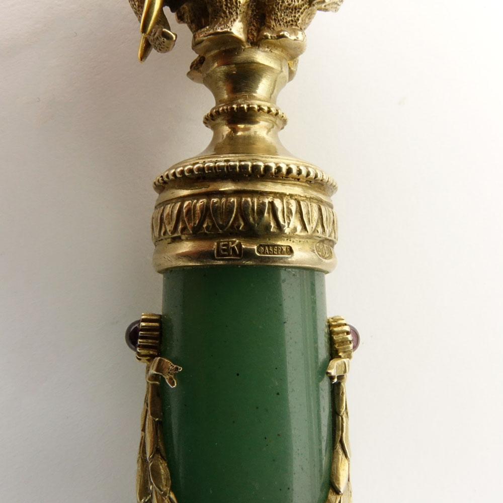 Early 20th Century Russian Gilt 88 Silver Mounted Nephrite Jade and Guilloche Enamel Magnifying Glass with Elephant Finial and with European and Rose Cut Diamond Accents