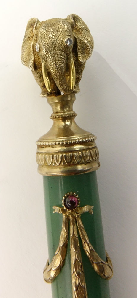 Early 20th Century Russian Gilt 88 Silver Mounted Nephrite Jade and Guilloche Enamel Magnifying Glass with Elephant Finial and with European and Rose Cut Diamond Accents