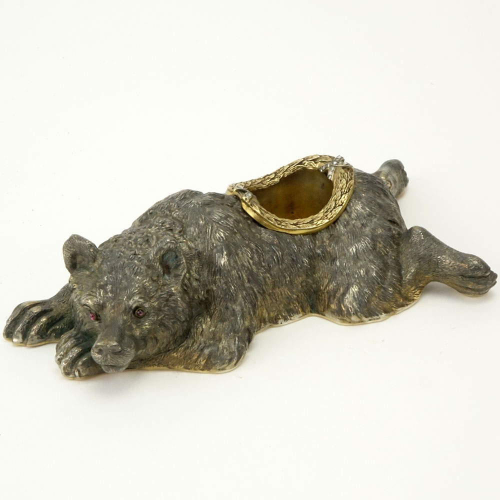 Early 20th Century Russian 88 Silver Recumbent Bear Figural Inkwell Accented with Small Rose Cut Diamonds in fitted box signed Faberge.