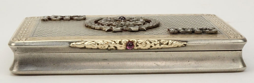 Early 20th Century Russian Silver and 56 Gold Box with Rose Cut Diamond and Gem Stone Accents and Fitted Case Signed Faberge.