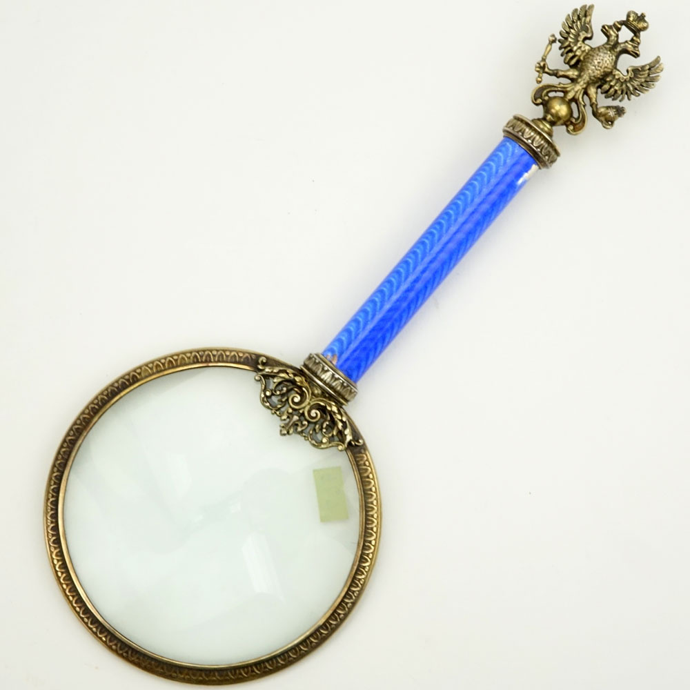 Early 20th Century Russian 84 Silver and Guilloche Enamel Magnifying Glass.