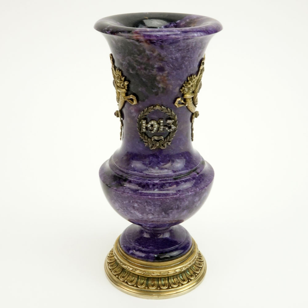 Early 20th Century Russian 88 Silver Mounted Carved Amethyst Urn with Rose Cut Diamond and Gemstone Accents.