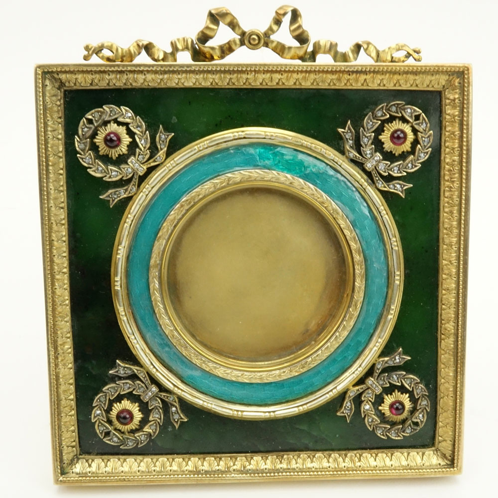 Early 20th Century Russian Nephrite Jade, Guilloche Enamel and 88 Silver Picture Frame with Rose Cut Diamond and Gem Stone accents in Fitted Case Signed Faberge. 