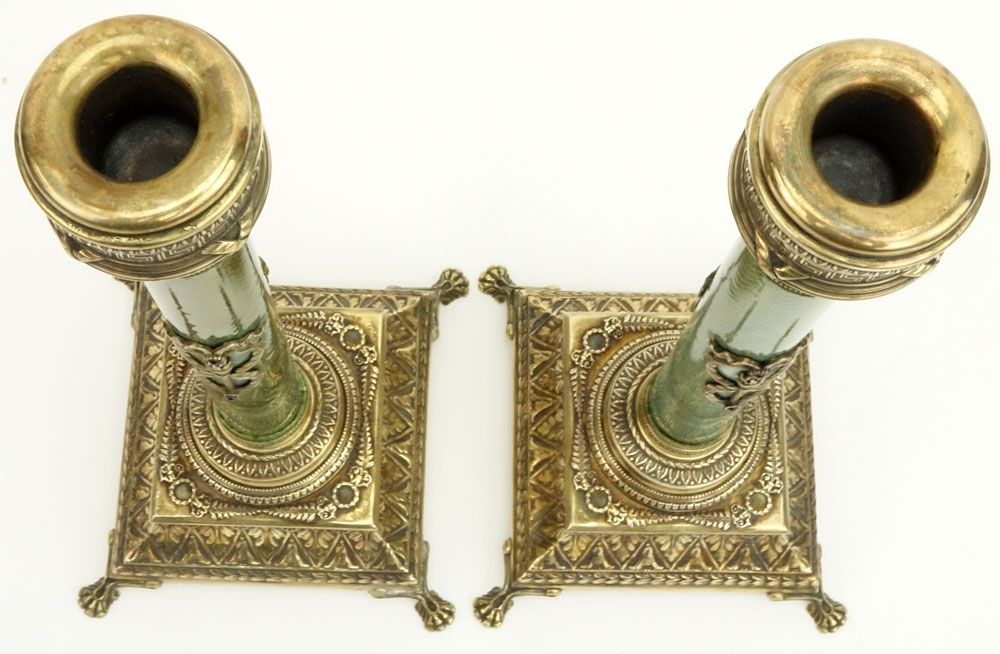 Pair of Early 20th Century Russian 84 Silver and Guilloche Enamel Candlesticks.