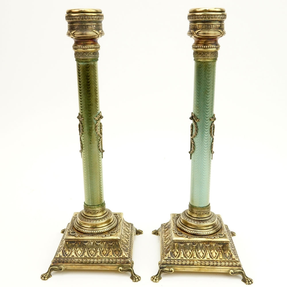Pair of Early 20th Century Russian 84 Silver and Guilloche Enamel Candlesticks.