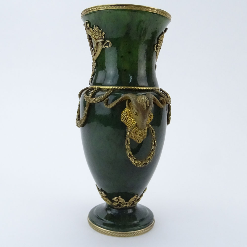 20th Century Russian Gilt Silver Mounted Nephrite Jade Vase with Ram's Head Ring Handles.