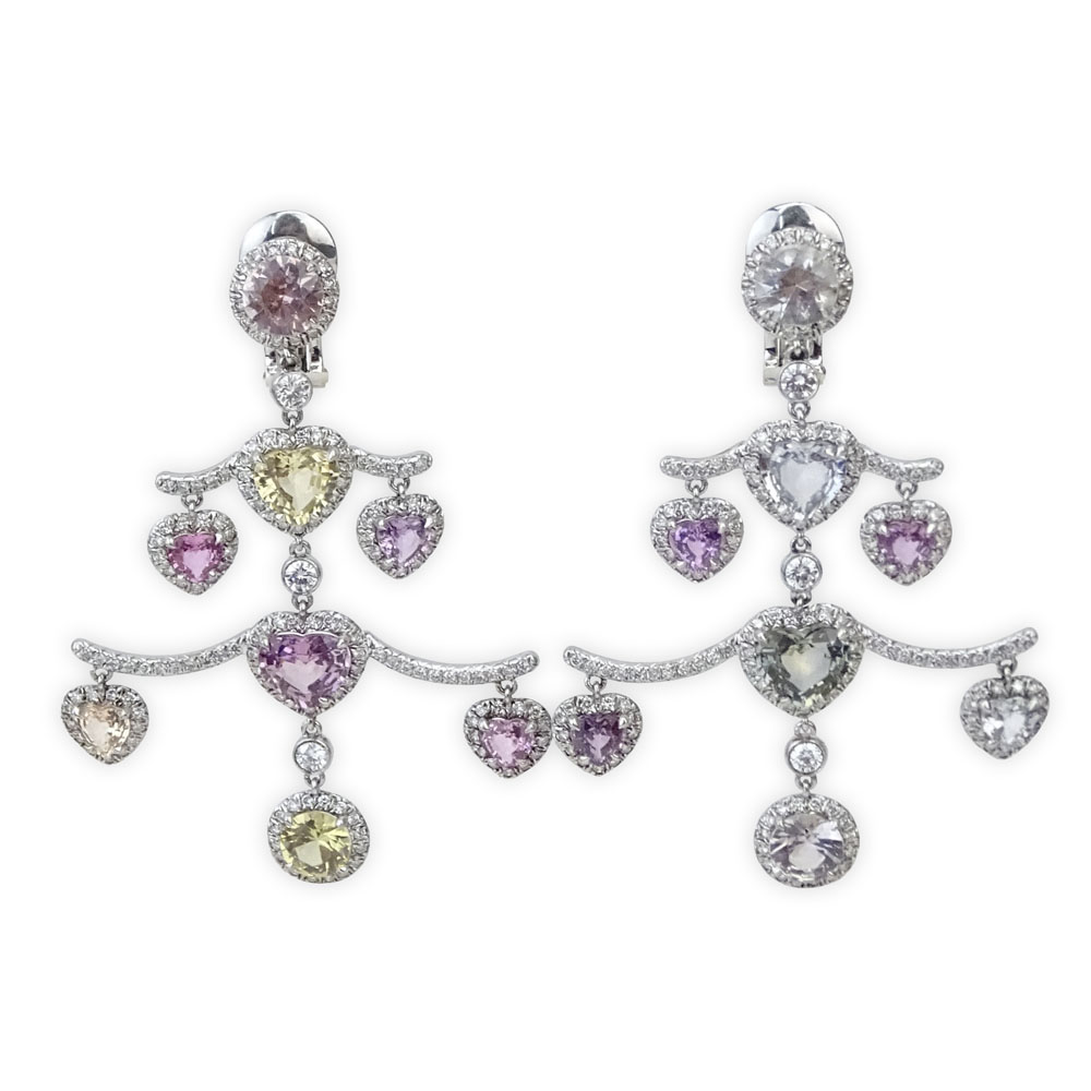 Vintage Pair of Fred Leighton Approx. 15.0 Carat Heart Shape Multi Color Sapphire, 5.0 Carat Round Brilliant Cut Diamond, Platinum and 18 Karat White Gold Chandelier Earrings. 
