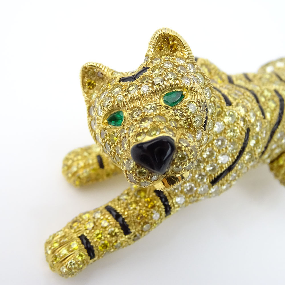 Large Cartier style Approx. 50.0 Carat Round Brilliant Cut Fancy Intense Yellow and White Diamond and 18 Karat Yellow Gold Tiger Brooch