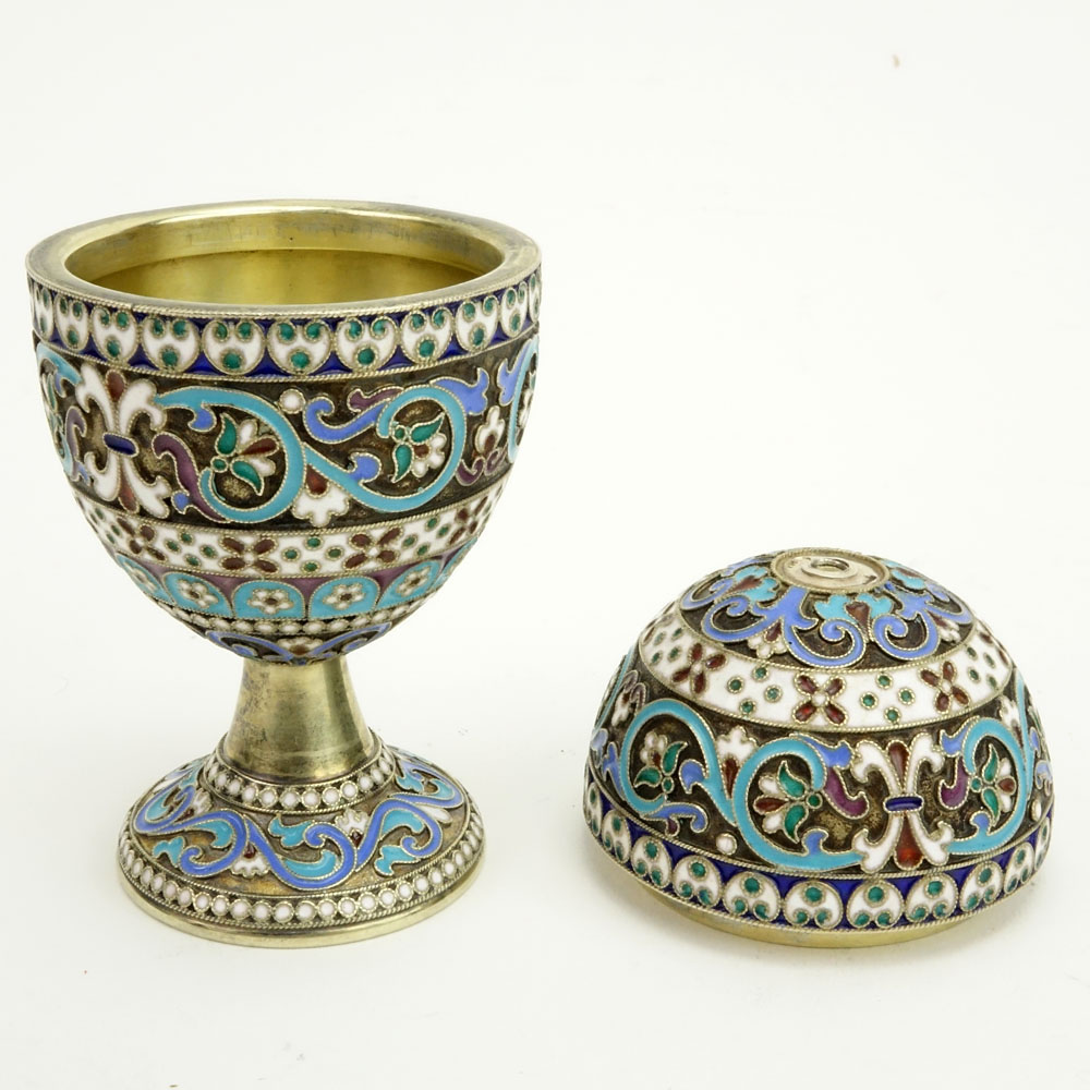 20th Century Russian 84 Silver and Cloisonne Enamel Two (2) Part Egg Cup. Signed ?? and 84 Kokoshnik.