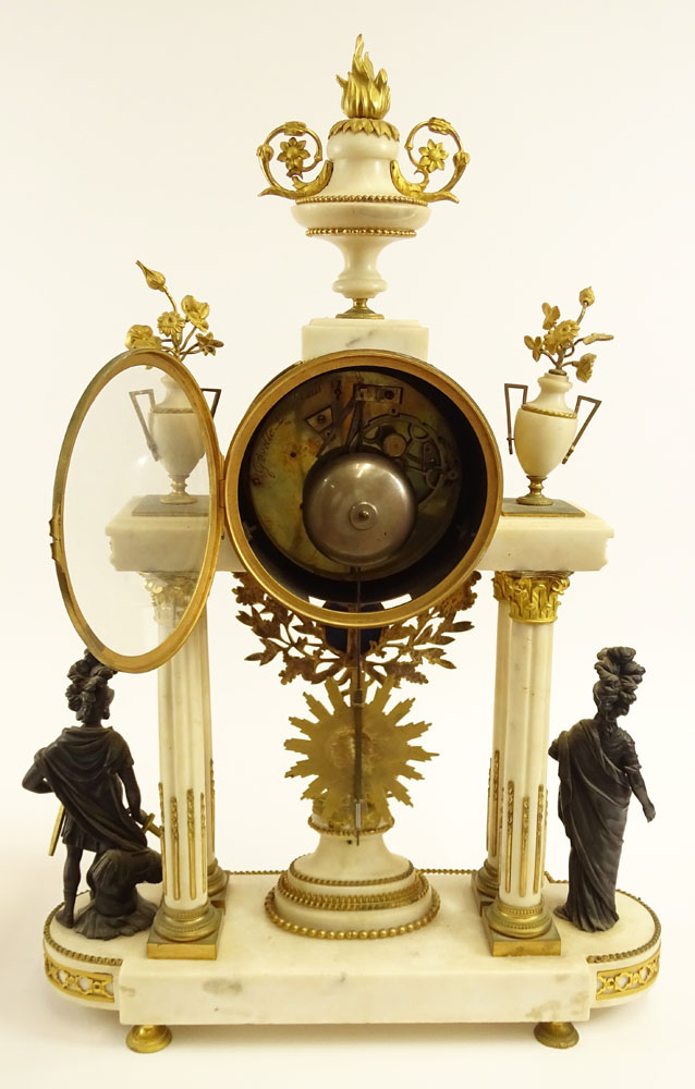 Third quarter 18th century French Gavelle L'Aine Louis XVI ormolu mounted white marble striking portico clock