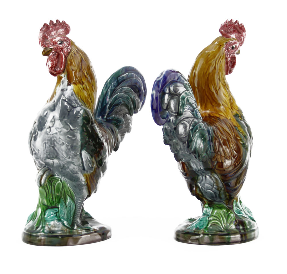 Pair of 19th Century Minton Majolica Glazed Porcelain Roosters.