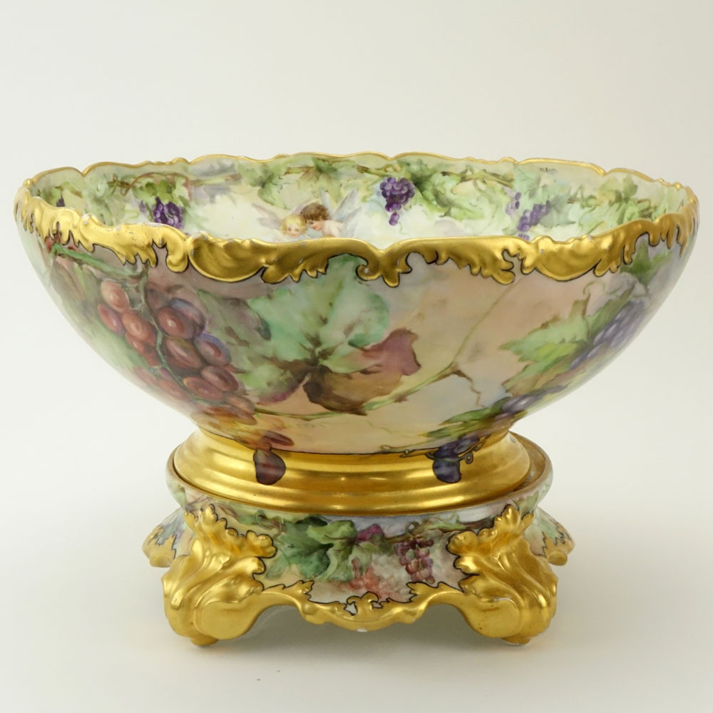 Antique T&V Limoges France Hand Painted Gilt Porcelain Punch Bowl on Matching Plinth.