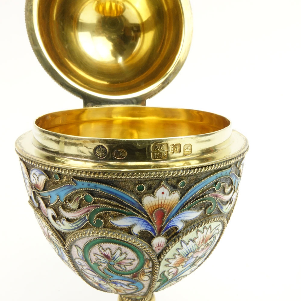 Early 20th Century Russian 84 Gilt Silver and Cloisonne Enamel Egg with Cabochon Emerald and Amethyst.