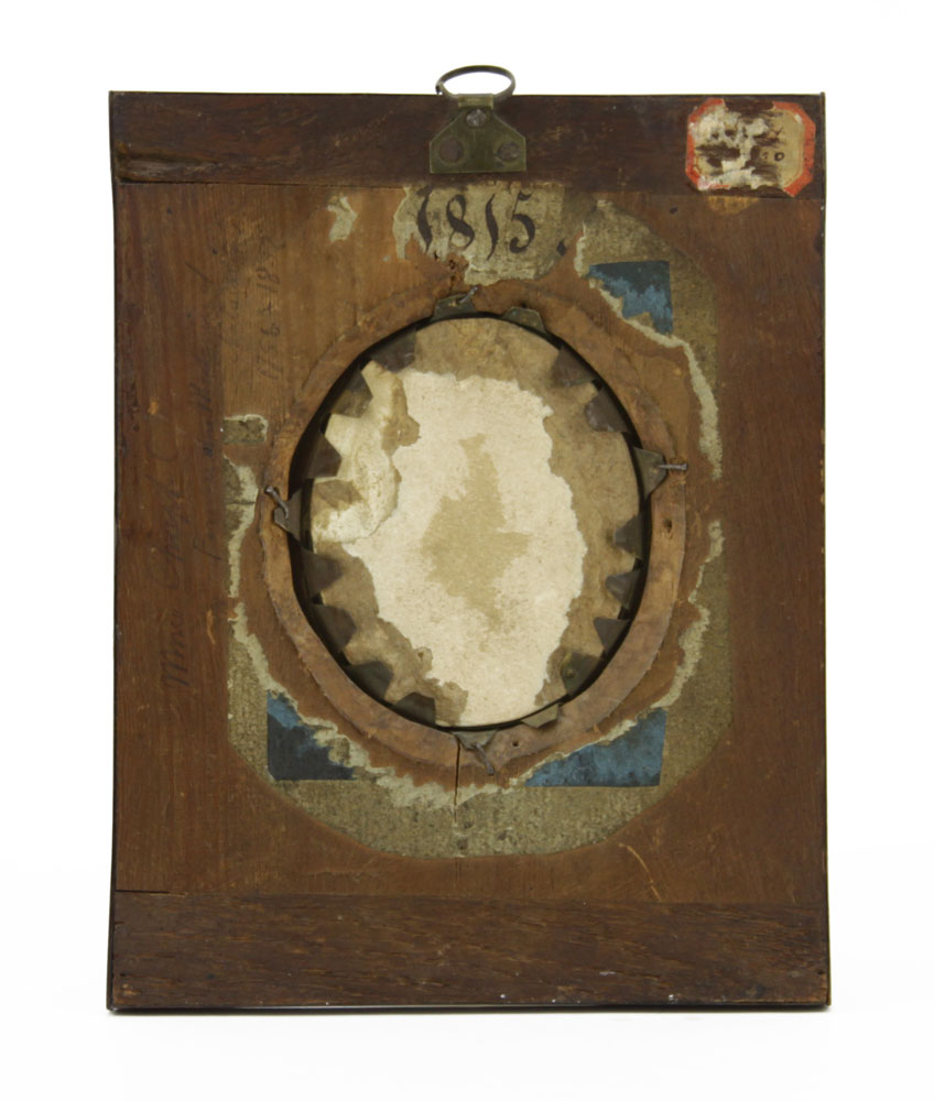 Early 19th Century Hand Painted Portrait Miniature. In wood frame with bronze decoration.